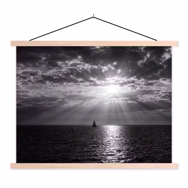 Water - Boot - Lucht - Natuur - Zwart-wit textielposter latten blank klein -3d