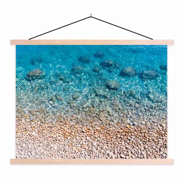 Water - Kiezels - Natuur - Levendig - Turkoois textielposter latten blank klein -3d