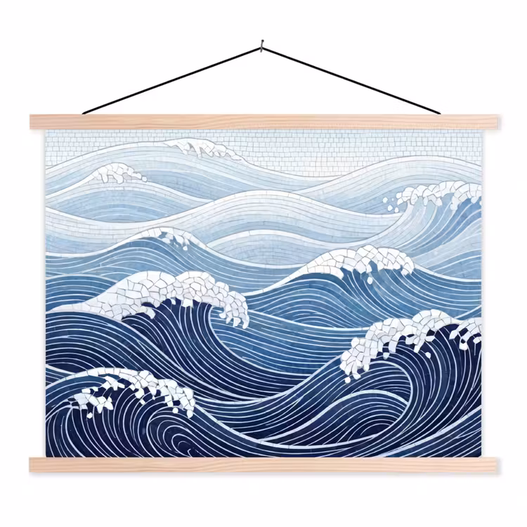 Water - Mozaïek - Landschap - Modern - Blauw textielposter latten blank klein -3d