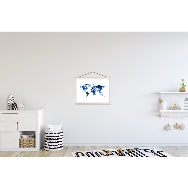 Wit - Aquarel - Blauw - Wereldkaart textielposter latten blank klein -kinderkamer