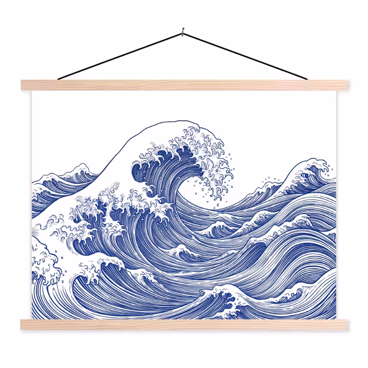 Golf - Japans - Zee - Illustratie - Blauw textielposter latten blank klein -3d