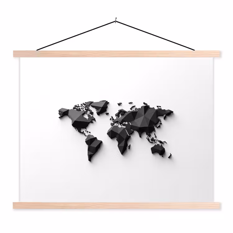 Wereldkaart - 3D - Zwart textielposter latten blank klein -3d