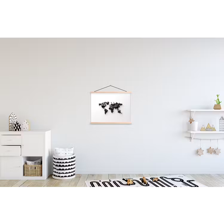 Wereldkaart - 3D - Zwart textielposter latten blank klein -kinderkamer