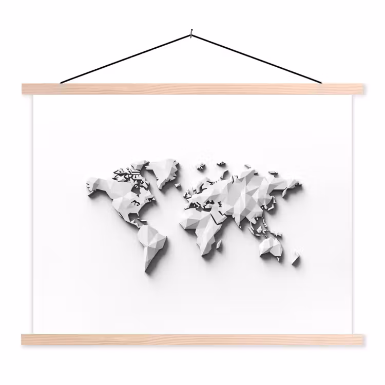 Wereldkaart - 3D - Wit textielposter latten blank klein -3d