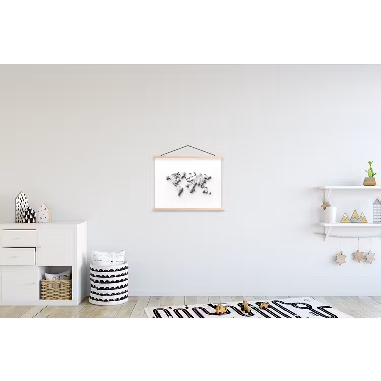Wereldkaart - 3D - Wit textielposter latten blank klein -kinderkamer