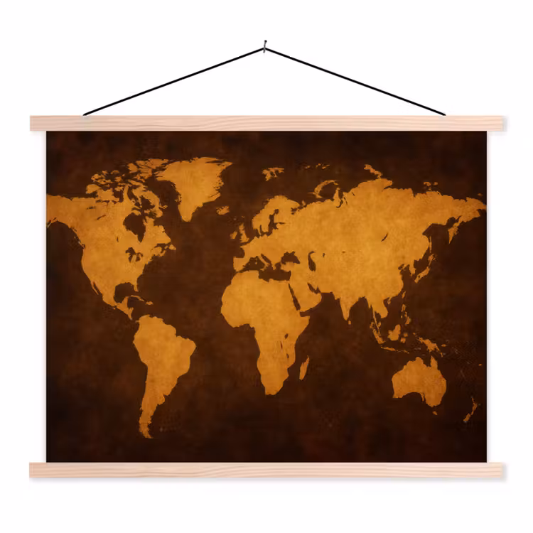 Wereldkaart - Antiek - Lederen stijl textielposter latten blank klein -3d