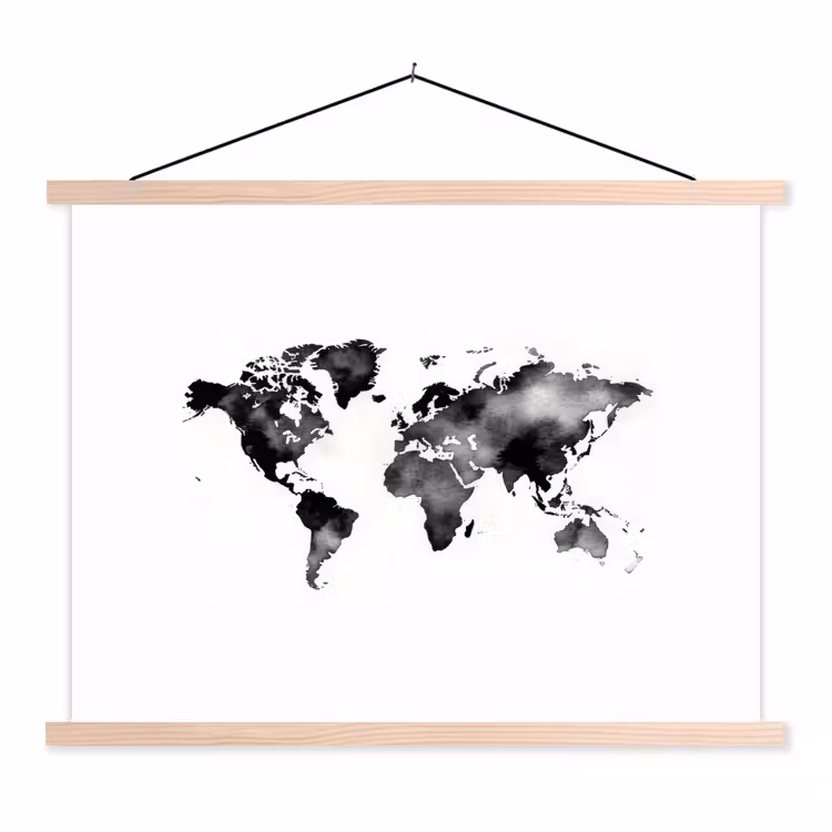 Wereldkaart - Aquarel - Zwart textielposter latten blank klein -3d