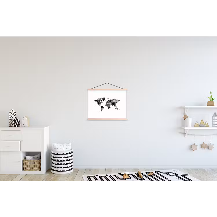 Wereldkaart - Aquarel - Zwart textielposter latten blank klein -kinderkamer
