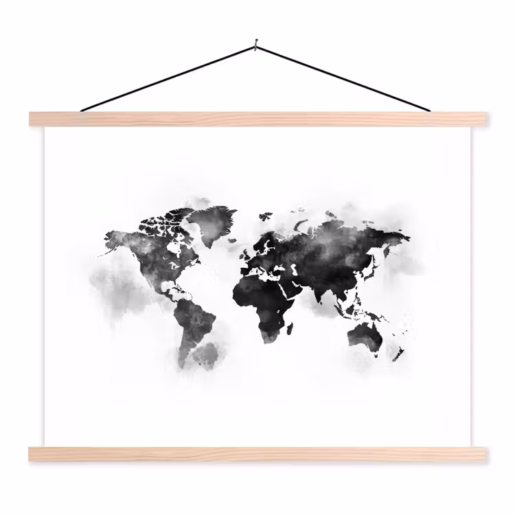 Wereldkaart - Waterverf - Zwart - Wit textielposter latten blank klein -3d