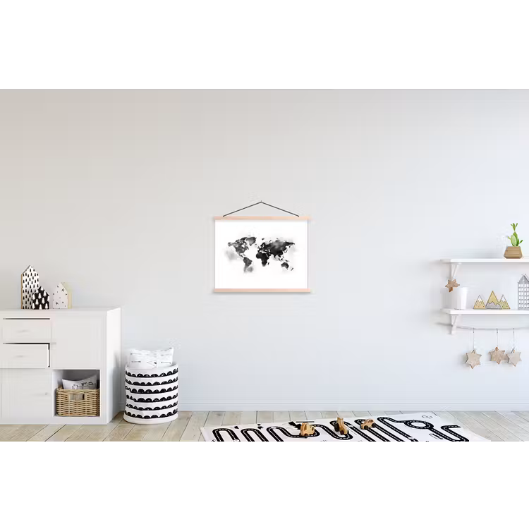 Wereldkaart - Waterverf - Zwart - Wit textielposter latten blank klein -kinderkamer