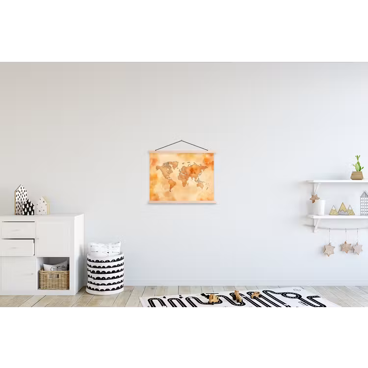 Wereldkaart - Aquarelstijl textielposter latten blank klein -kinderkamer