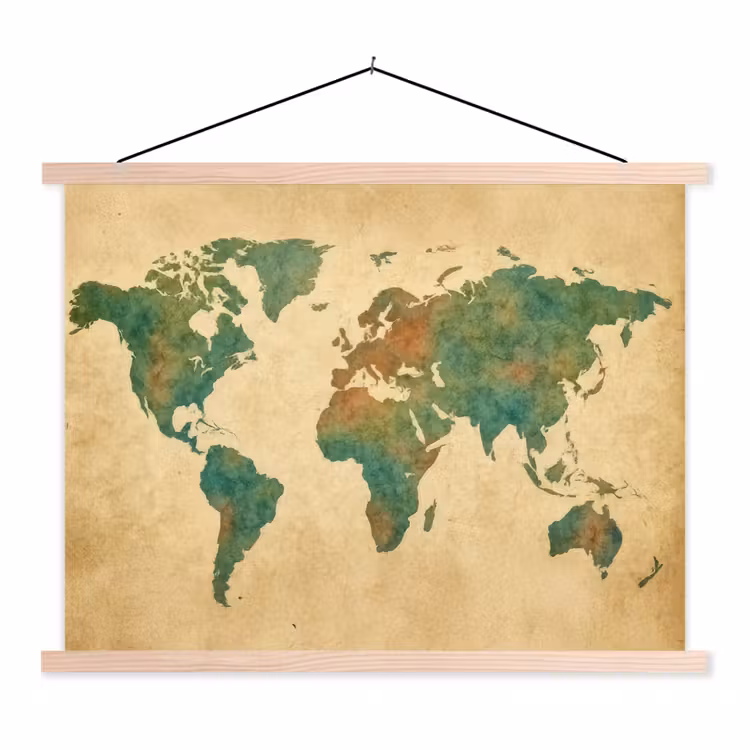 Wereldkaart - Aquarelstijl - Oud papier textielposter latten blank klein -3d