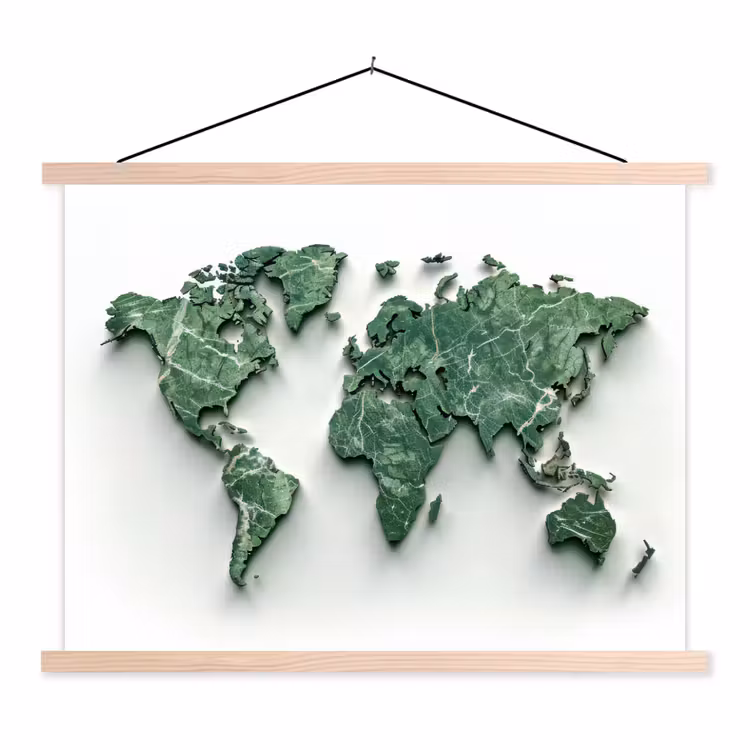 Wereldkaart - Bladeren - 3D textielposter latten blank klein -3d