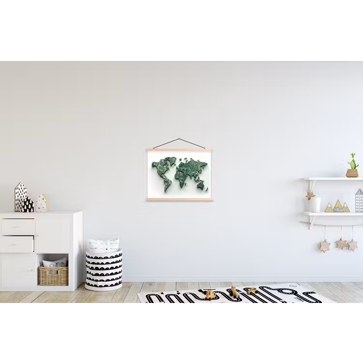 Wereldkaart - Bladeren - 3D textielposter latten blank klein -kinderkamer
