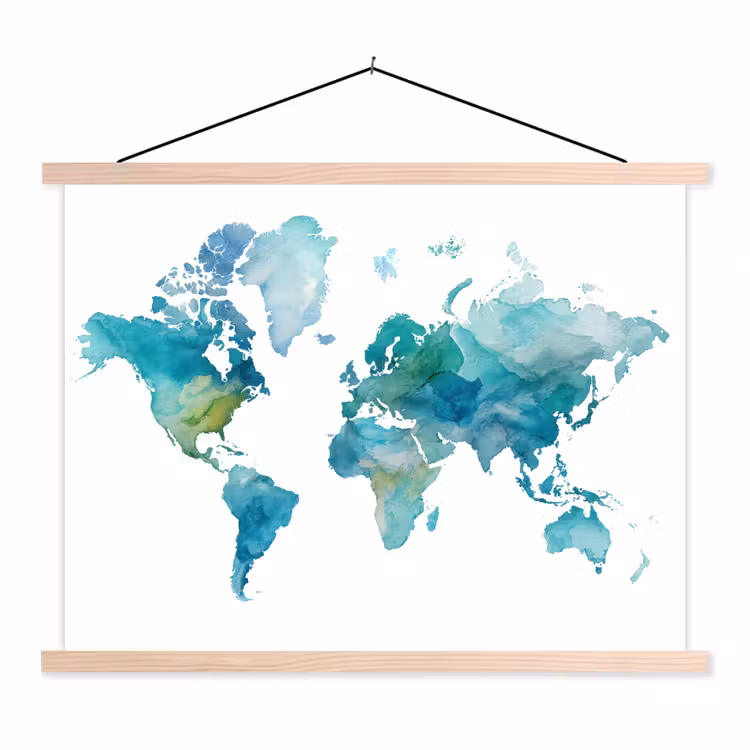 Wereldkaart - Blauw - Geschilderd - Transparant textielposter latten blank klein -3d