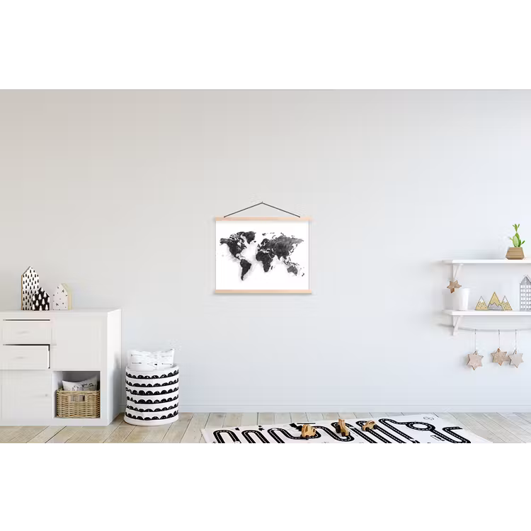 Wereldkaart - Potloodstrepen textielposter latten blank klein -kinderkamer