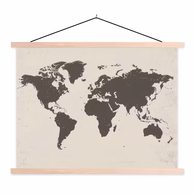 Wereldkaart - Stempelstijl - Ruw textielposter latten blank klein -3d