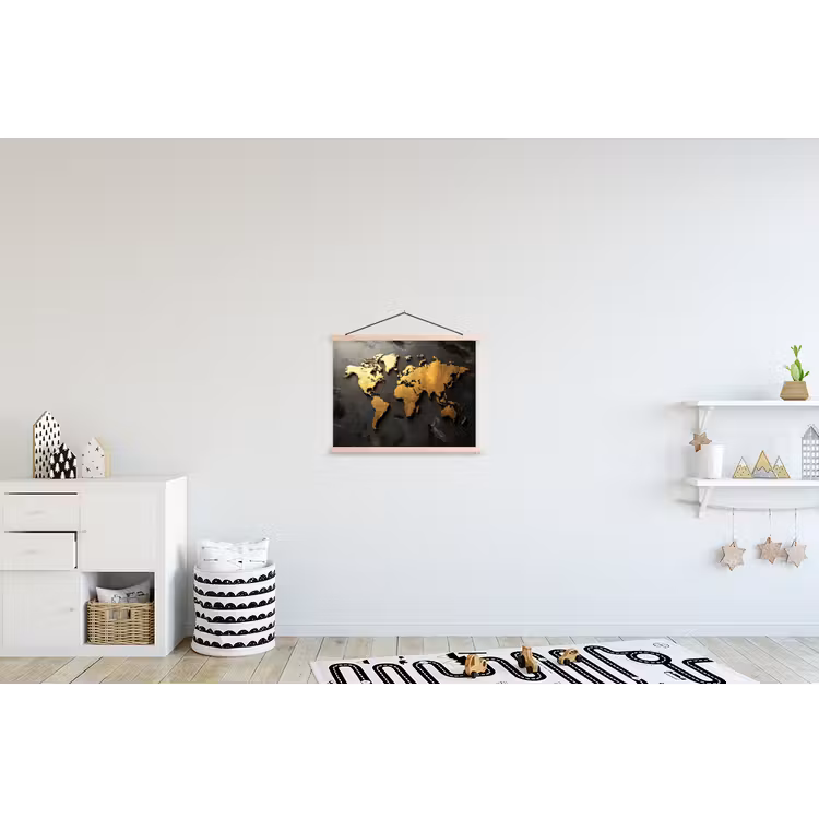 Wereldkaart - Driedimensionaal - Realistisch - Zwart textielposter latten blank klein -kinderkamer