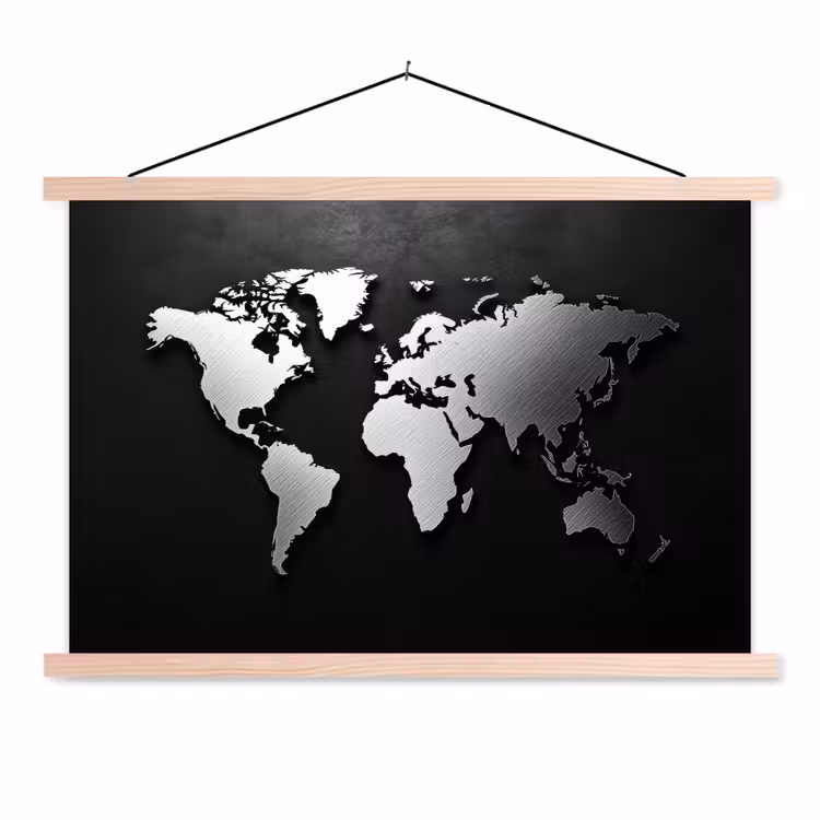 Wereldkaart - Donker - Zilver - Zwart textielposter latten blank klein -3d