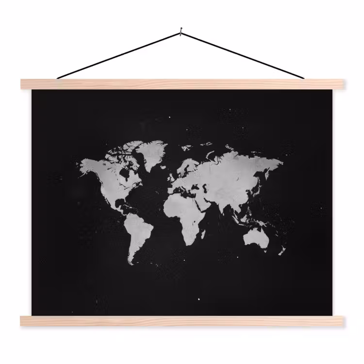 Wereldkaart - Duister - Wit textielposter latten blank klein -3d