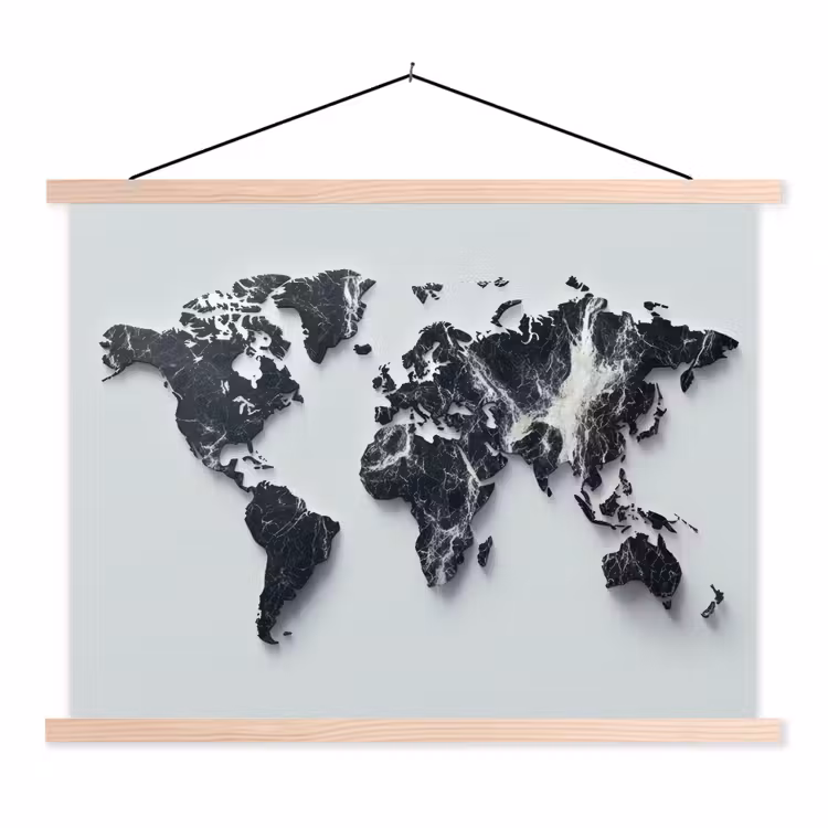 Wereldkaart - Dynamisch - Marmer - Wit textielposter latten blank klein -3d