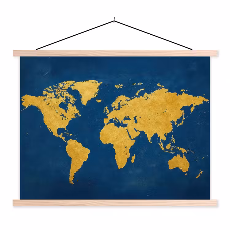 Wereldkaart - Elegant - Blauw textielposter latten blank klein -3d