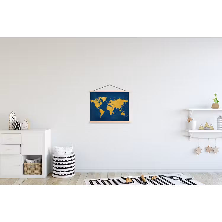Wereldkaart - Elegant - Blauw textielposter latten blank klein -kinderkamer