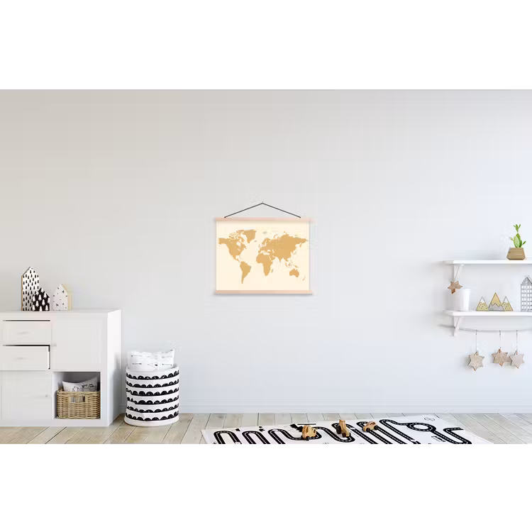 Wereldkaart - Strakke vlakstijl - Rasterachtergrond textielposter latten blank klein -kinderkamer