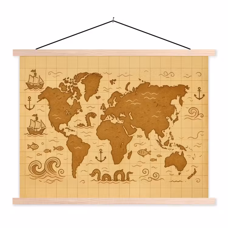 Wereldkaart - Fantasiestijl - Bruin textielposter latten blank klein -3d