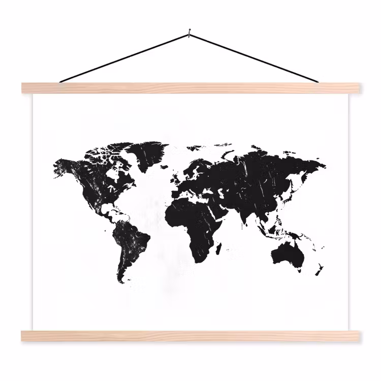 Wereldkaart - Verf - Zwart - Wit textielposter latten blank klein -3d