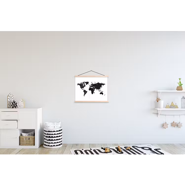 Wereldkaart - Verf - Zwart - Wit textielposter latten blank klein -kinderkamer