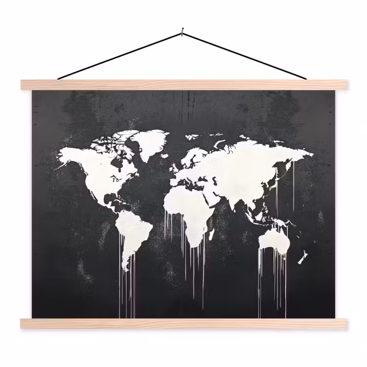 Wereldkaart - Verf - Wit textielposter latten blank klein -3d