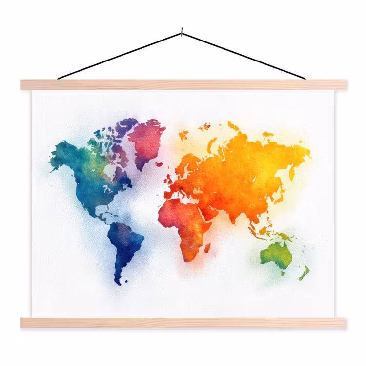Wereldkaart - Kleurrijk - Waterverf textielposter latten blank klein -3d