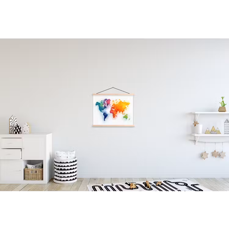 Wereldkaart - Kleurrijk - Waterverf textielposter latten blank klein -kinderkamer