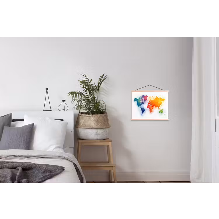 Wereldkaart - Kleurrijk - Waterverf textielposter latten blank klein -woonkamer