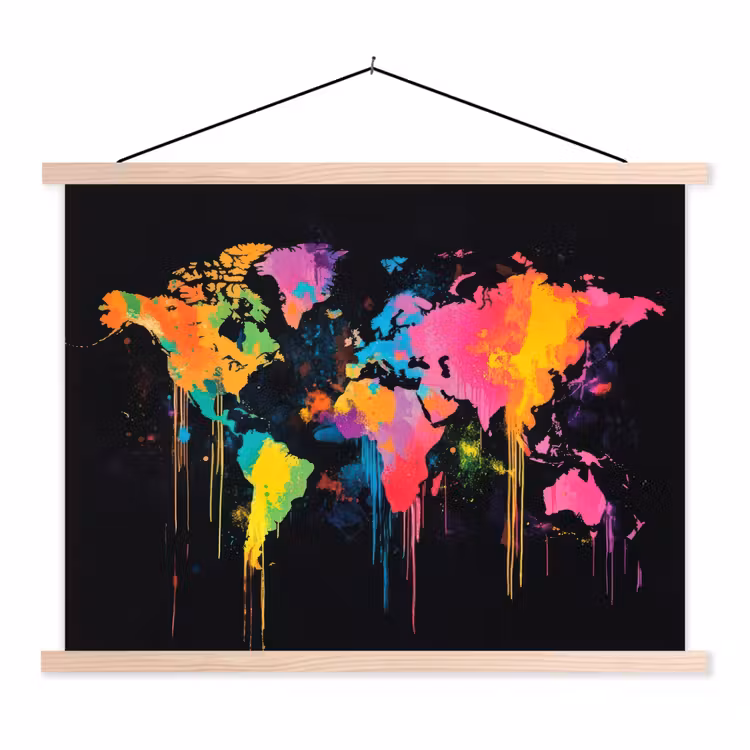 Wereldkaart - Verfspatten - Gekleurd - Druppels textielposter latten blank klein -3d