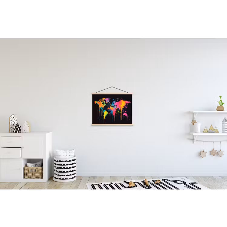 Wereldkaart - Verfspatten - Gekleurd - Druppels textielposter latten blank klein -kinderkamer