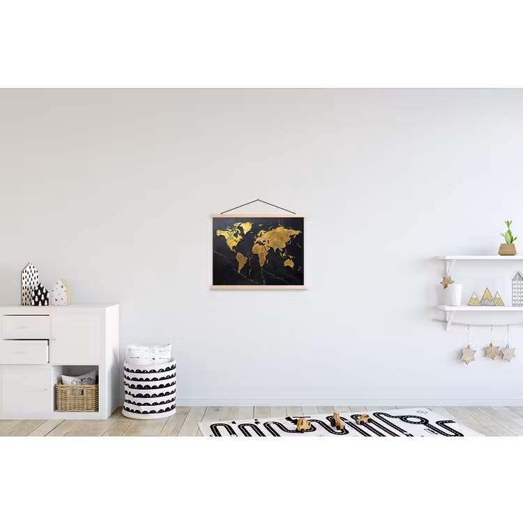 Wereldkaart - Fijne gravures - Marmer textielposter latten blank klein -kinderkamer