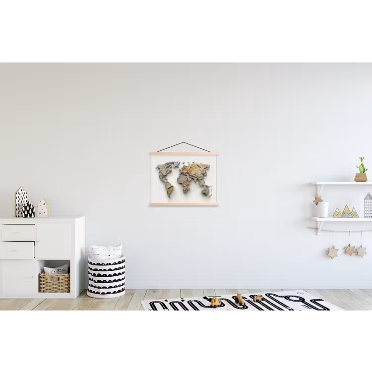 Wereldkaart - Rots structuur - Reliëf textielposter latten blank klein -kinderkamer
