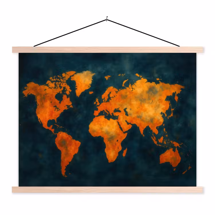 Wereldkaart - Vurige kleuren - Expressieve stijl textielposter latten blank klein -3d