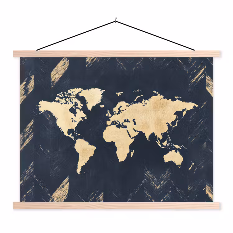 Wereldkaart - Visgraatpatroon - Vintage - Blauw textielposter latten blank klein -3d
