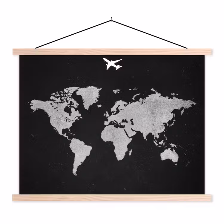 Wereldkaart - Vliegtuig - Zwart textielposter latten blank klein -3d