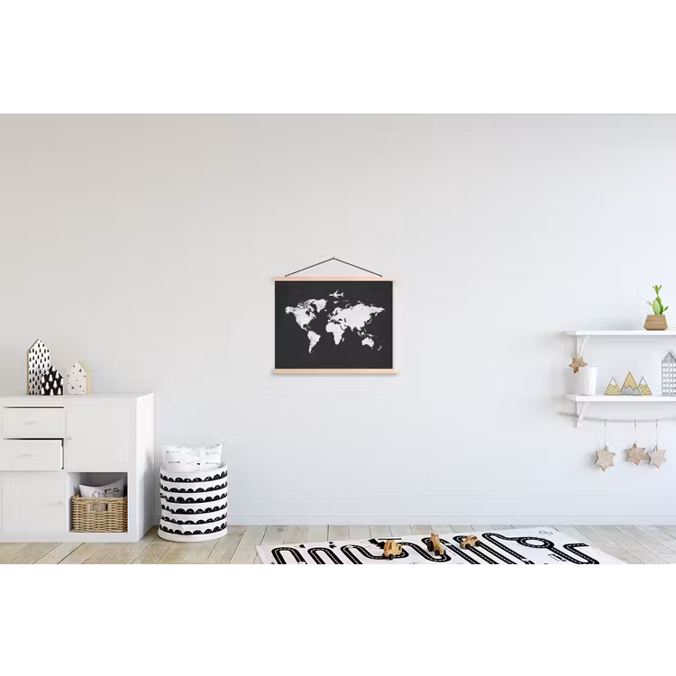 Wereldkaart - Vliegtuig - Zwart - Vintage textielposter latten blank klein -kinderkamer