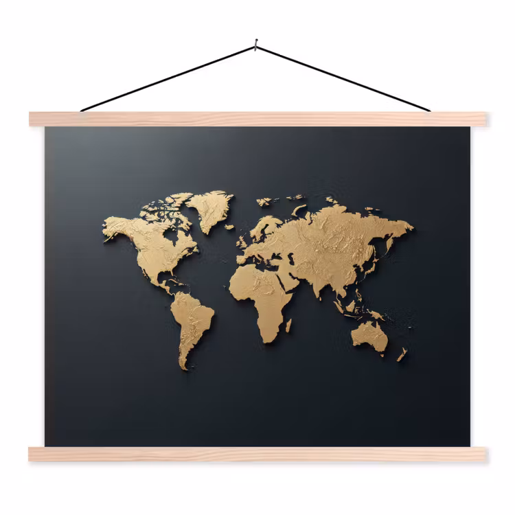 Wereldkaart - Geografische kenmerken - Zwart textielposter latten blank klein -3d