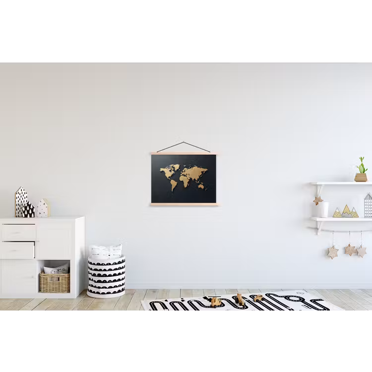 Wereldkaart - Geografische kenmerken - Zwart textielposter latten blank klein -kinderkamer