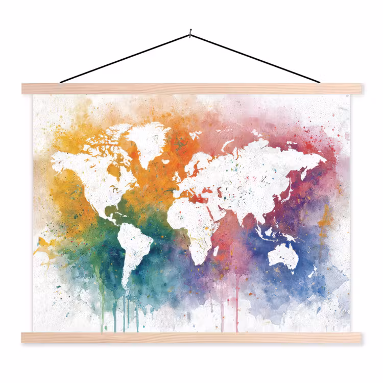 Wereldkaart - Omlijst - Verfspatten - Regenboogkleuren textielposter latten blank klein -3d