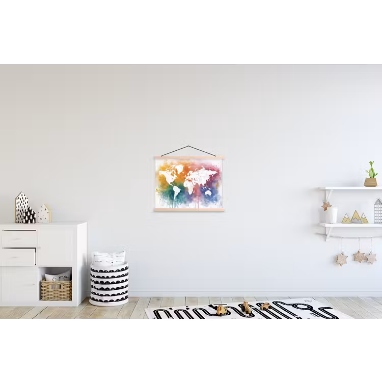 Wereldkaart - Omlijst - Verfspatten - Regenboogkleuren textielposter latten blank klein -kinderkamer