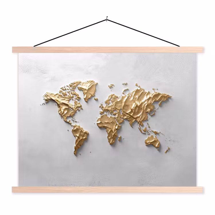 Wereldkaart - Egaal wit - Grof goud textielposter latten blank klein -3d