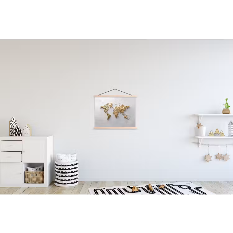 Wereldkaart - Egaal wit - Grof goud textielposter latten blank klein -kinderkamer