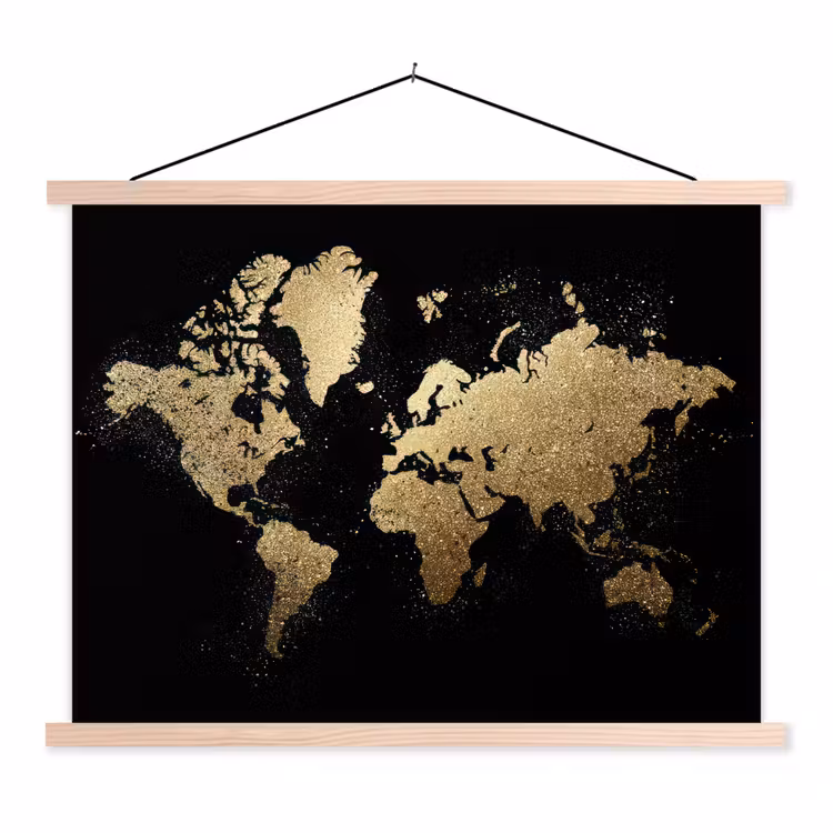 Wereldkaart - Glitter - Zwart textielposter latten blank klein -3d